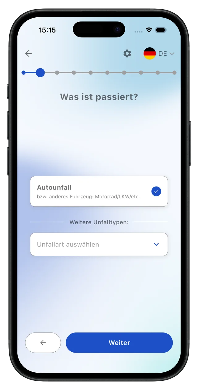 Unfallart in der Unfallerfasser App wählen