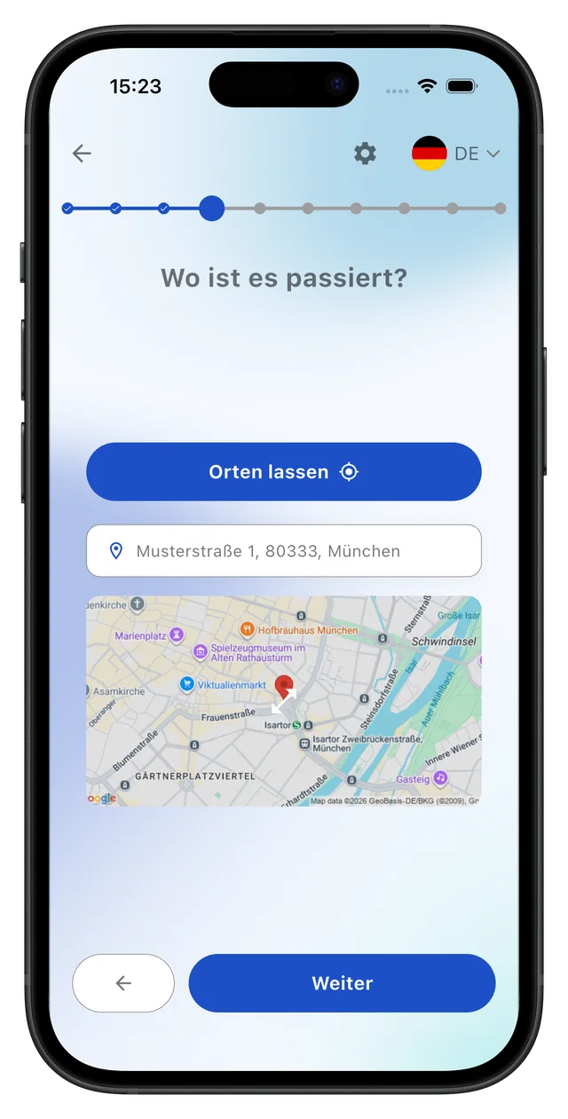 Unfallort in der Unfallerfasser App erfassen