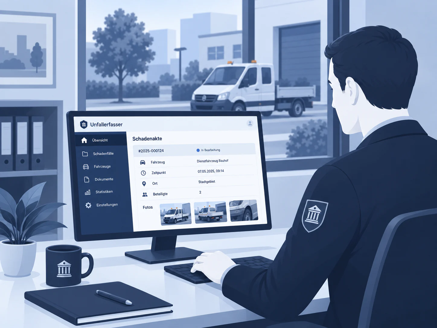 Mitarbeiter im öffentlichen Sektor bearbeitet eine digitale Schadenakte
