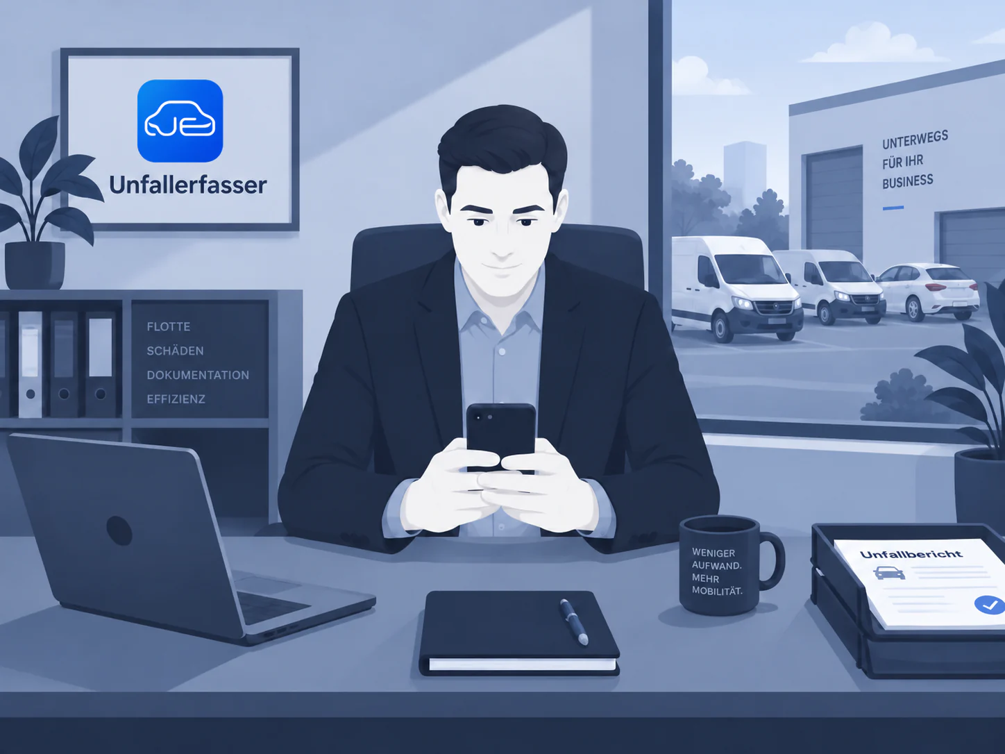 Unternehmer im Büro nutzt die Unfallerfasser App